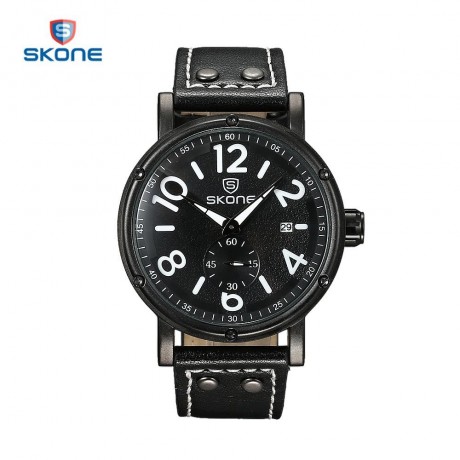 SKONE 9429EG MEN QUARTZ WATCH SECONDS SUB-DIAL DATE DISPLAY LEATHER STRAP WRISTWATCH WITH 