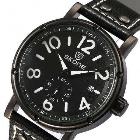 SKONE 9429EG MEN QUARTZ WATCH SECONDS SUB-DIAL DATE DISPLAY LEATHER STRAP WRISTWATCH WITH 