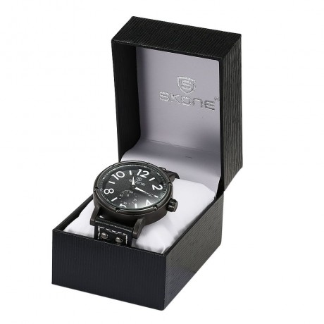 SKONE 9429EG MEN QUARTZ WATCH SECONDS SUB-DIAL DATE DISPLAY LEATHER STRAP WRISTWATCH WITH 