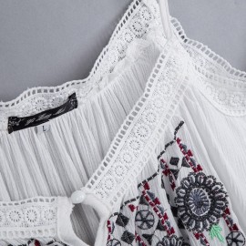 ETHNIC SPAGHETTI STRAP LONG SLEEVE CUT OUT EMBROIDERY LOOSE BLOUSE FOR WOMEN