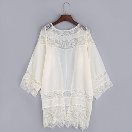 SWEET COLLARLESS FLARE SLEEVE LACE SPLICED KIMONO BLOUSE FOR WOMEN