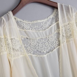 SWEET COLLARLESS FLARE SLEEVE LACE SPLICED KIMONO BLOUSE FOR WOMEN