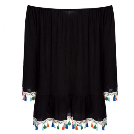 SWEET OFF THE SHOULDER FLARE SLEEVE RUFFLE TASSEL LOOSE T-SHIRT FOR WOMEN