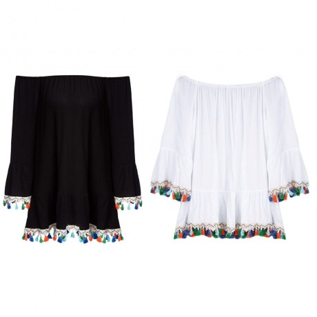 SWEET OFF THE SHOULDER FLARE SLEEVE RUFFLE TASSEL LOOSE T-SHIRT FOR WOMEN