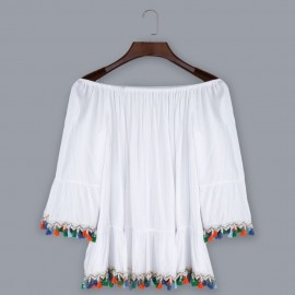 SWEET OFF THE SHOULDER FLARE SLEEVE RUFFLE TASSEL LOOSE T-SHIRT FOR WOMEN