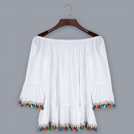 SWEET OFF THE SHOULDER FLARE SLEEVE RUFFLE TASSEL LOOSE T-SHIRT FOR WOMEN
