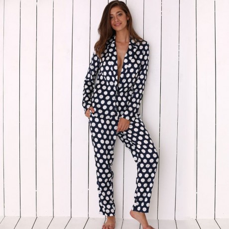 TURN DOWN COLLAR ALLOVER POLKA DOT PRINT SOFT PAJAMA FOR WOMEN