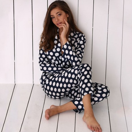 TURN DOWN COLLAR ALLOVER POLKA DOT PRINT SOFT PAJAMA FOR WOMEN