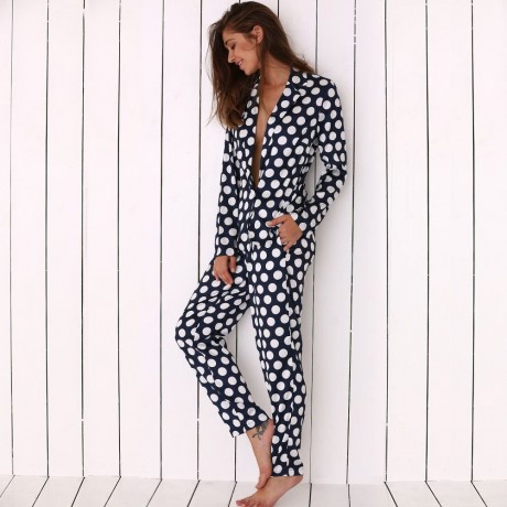 TURN DOWN COLLAR ALLOVER POLKA DOT PRINT SOFT PAJAMA FOR WOMEN