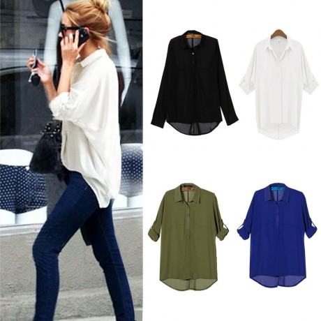 BOYFRIEND STYLE TURN DOWN COLLAR LOOSE CHIFFON BLOUSE FOR WOMEN