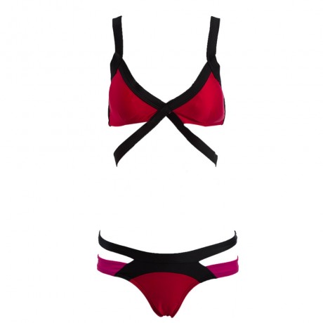 SEXY SPAGHETTI PUSH UP COLOR BLOCK LOW WAIST TWO PIECE SWIMWEAR FOR WOMEN