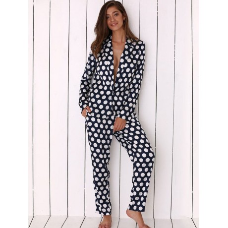 TURN DOWN COLLAR ALLOVER POLKA DOT PRINT SOFT PAJAMA FOR WOMEN