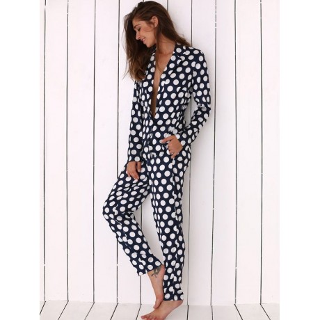 TURN DOWN COLLAR ALLOVER POLKA DOT PRINT SOFT PAJAMA FOR WOMEN