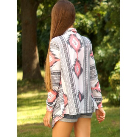 STYLISH COLLARLESS LONG SLEEVE TRIBAL PRINT ASYMMETRICAL CARDIGAN FOR LADIES