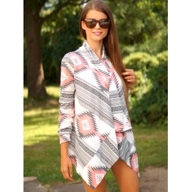 STYLISH COLLARLESS LONG SLEEVE TRIBAL PRINT ASYMMETRICAL CARDIGAN FOR LADIES