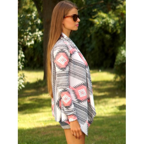 STYLISH COLLARLESS LONG SLEEVE TRIBAL PRINT ASYMMETRICAL CARDIGAN FOR LADIES