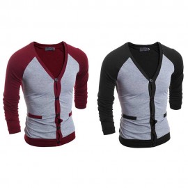 CASUAL PATCHWORK V NECK MALE LONG SLEEVE SHIRT
