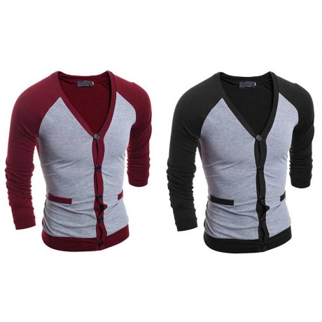 CASUAL PATCHWORK V NECK MALE LONG SLEEVE SHIRT