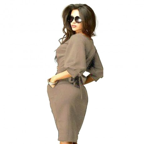 SIMPLE ROUND COLLAR PUFF SLEEVE BOWKNOT PURE COLOR MIDI DRESS FOR WOMEN