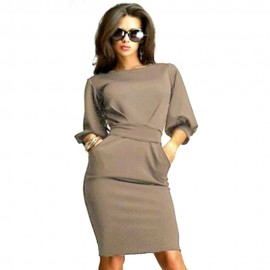 SIMPLE ROUND COLLAR PUFF SLEEVE BOWKNOT PURE COLOR MIDI DRESS FOR WOMEN