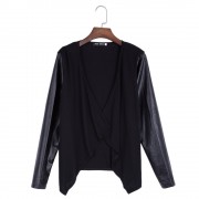 COLLARLESS LONG SLEEVE SPLICED KNITTED ASYMMETRICAL WOMEN CARDIGAN
