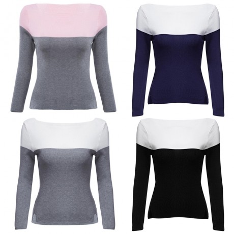 BRIEF ROUND COLLAR COLOR BLOCK KNITTED PULLOVER FOR WOMEN