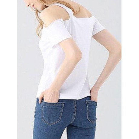 CASUAL OFF THE SHOULDER SHORT SLEEVE HOLLOW OUT SLIM T-SHIRT FOR WOMEN