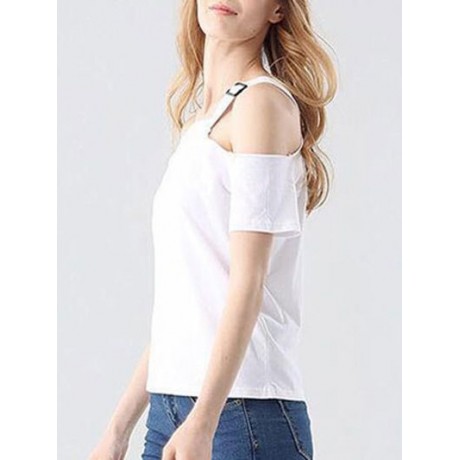 CASUAL OFF THE SHOULDER SHORT SLEEVE HOLLOW OUT SLIM T-SHIRT FOR WOMEN