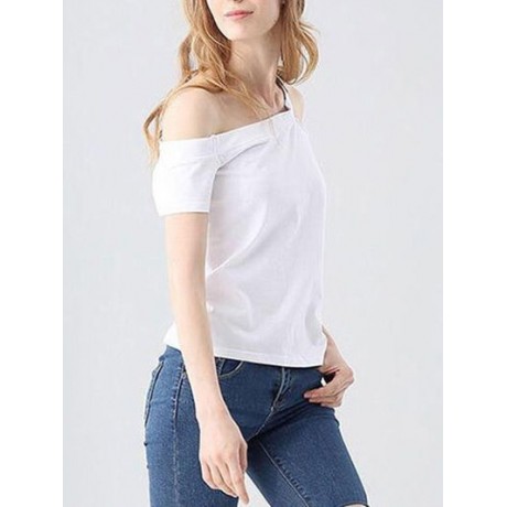 CASUAL OFF THE SHOULDER SHORT SLEEVE HOLLOW OUT SLIM T-SHIRT FOR WOMEN