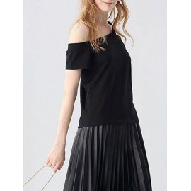CASUAL OFF THE SHOULDER SHORT SLEEVE HOLLOW OUT SLIM T-SHIRT FOR WOMEN