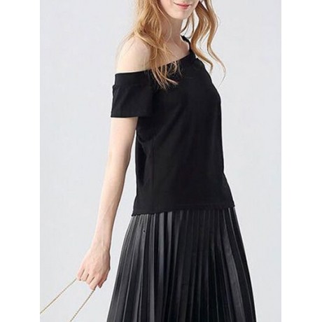 CASUAL OFF THE SHOULDER SHORT SLEEVE HOLLOW OUT SLIM T-SHIRT FOR WOMEN