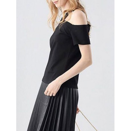 CASUAL OFF THE SHOULDER SHORT SLEEVE HOLLOW OUT SLIM T-SHIRT FOR WOMEN