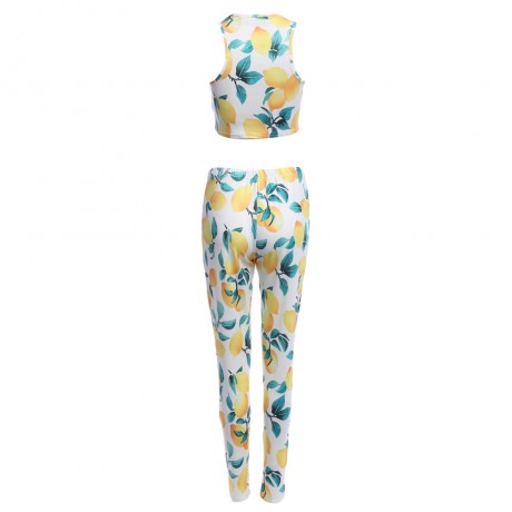 WOMEN'S 2PCS FASHION SLEEVELESS CROP TOP SHEATHY PANTS (YELLOW AND BLACK, SIZE S/M/L/XL)