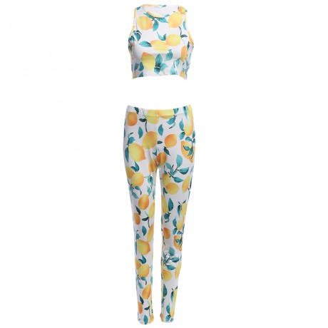 WOMEN'S 2PCS FASHION SLEEVELESS CROP TOP SHEATHY PANTS (YELLOW AND BLACK, SIZE S/M/L/XL)