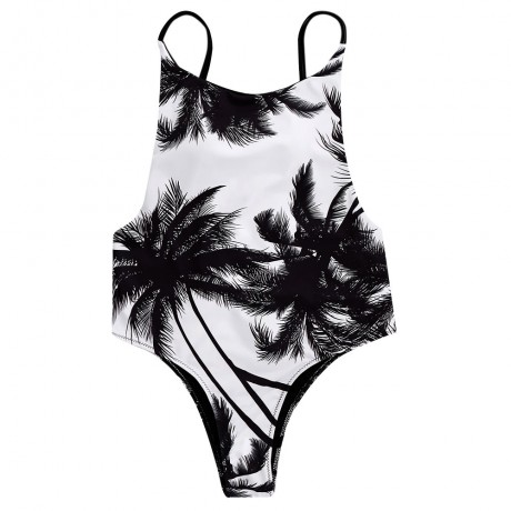 SPAGHETTI STRAP COCONUT TREE PRINT TROPICAL BACKLESS SWIMWEAR