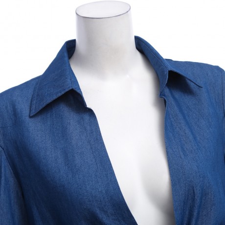 CHIC TURN-DOWN COLLAR CUT OUT BANDAGE DESIGN ASYMMETRICAL HEM DENIM CARDIGAN