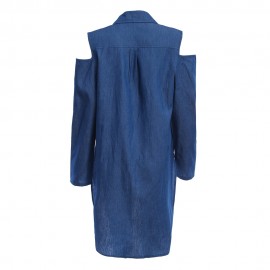 CHIC TURN-DOWN COLLAR CUT OUT BANDAGE DESIGN ASYMMETRICAL HEM DENIM CARDIGAN