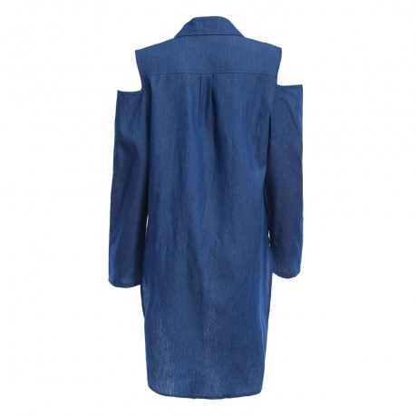 CHIC TURN-DOWN COLLAR CUT OUT BANDAGE DESIGN ASYMMETRICAL HEM DENIM CARDIGAN