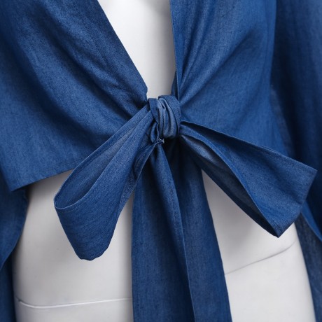 CHIC TURN-DOWN COLLAR CUT OUT BANDAGE DESIGN ASYMMETRICAL HEM DENIM CARDIGAN