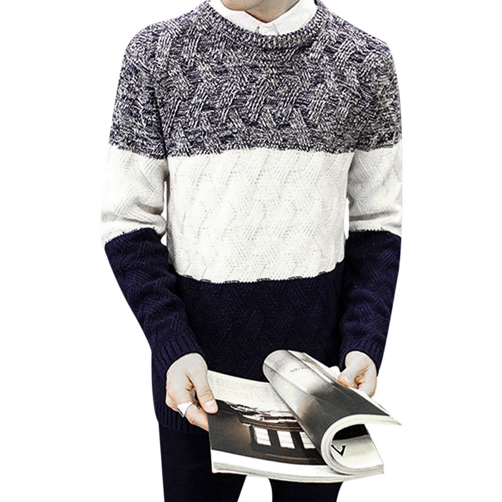 STYLISH COLOR BLOCK ROUND NECK MALE PULLOVER KNITTING SWEATER