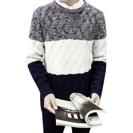 STYLISH COLOR BLOCK ROUND NECK MALE PULLOVER KNITTING SWEATER