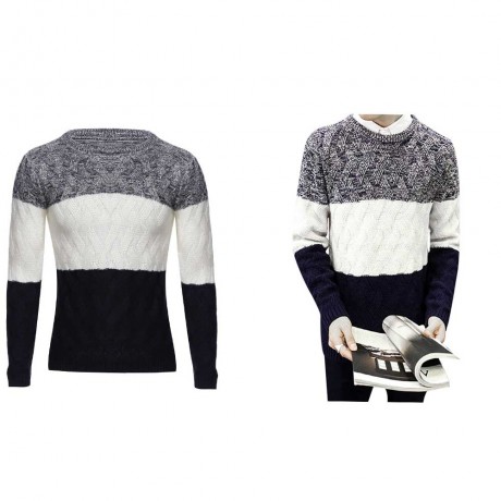 STYLISH COLOR BLOCK ROUND NECK MALE PULLOVER KNITTING SWEATER