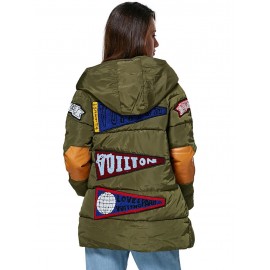 TRENDY HOODED PATCHWORK DESIGN COLOR BLOCK DOWN COAT FOR WOMEN