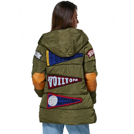 TRENDY HOODED PATCHWORK DESIGN COLOR BLOCK DOWN COAT FOR WOMEN