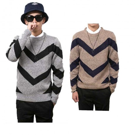 STYLISH COLOR BLOCK ROUND NECK MALE KNITTED PULLOVER SWEATER