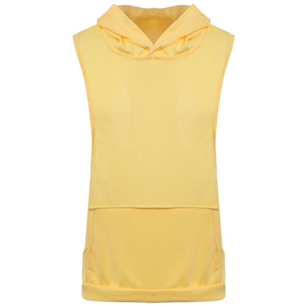SIMPLE DESIGN HOODED SLEEVELESS FRONT POCKET SOLID COLOR T-SHIRT FOR MEN