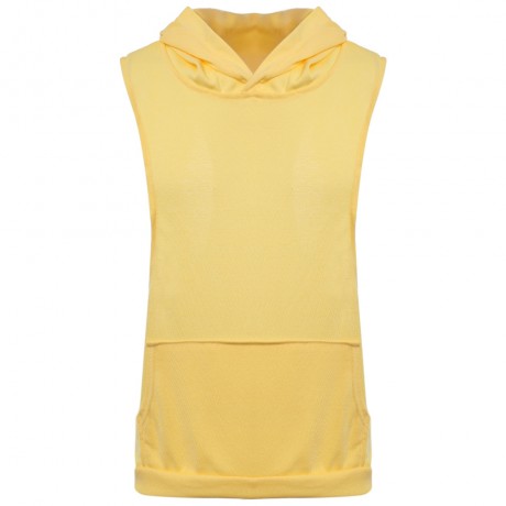 SIMPLE DESIGN HOODED SLEEVELESS FRONT POCKET SOLID COLOR T-SHIRT FOR MEN