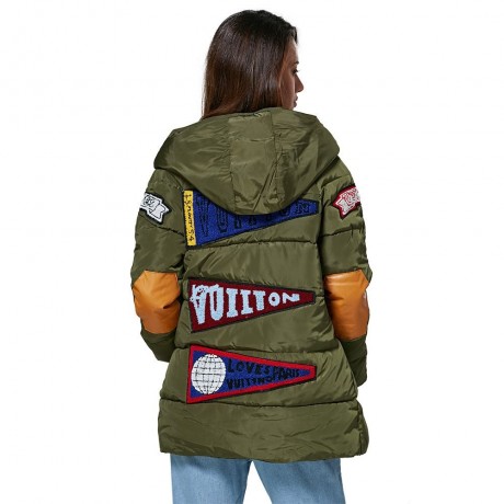 TRENDY HOODED PATCHWORK DESIGN COLOR BLOCK DOWN COAT FOR WOMEN