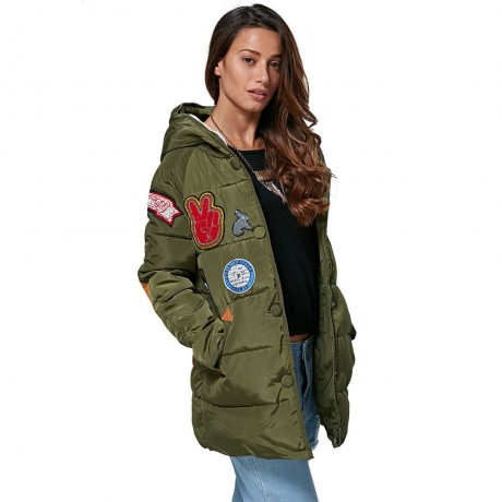 TRENDY HOODED PATCHWORK DESIGN COLOR BLOCK DOWN COAT FOR WOMEN