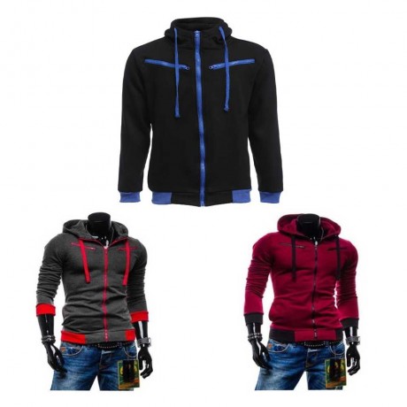 CASUAL FLEECE COLOR BLOCK ZIPPER DECORATION MALE HOODIES